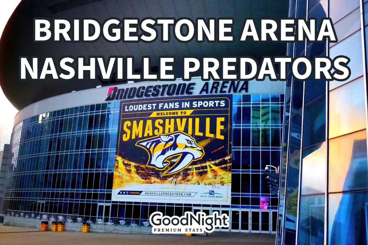 An exterior shot of Bridgestone Arena, with prominent signage and the Nashville Predators logo, set against a lively city backdrop. The scene is bustling, hinting at major events and the dynamic downtown atmosphere.