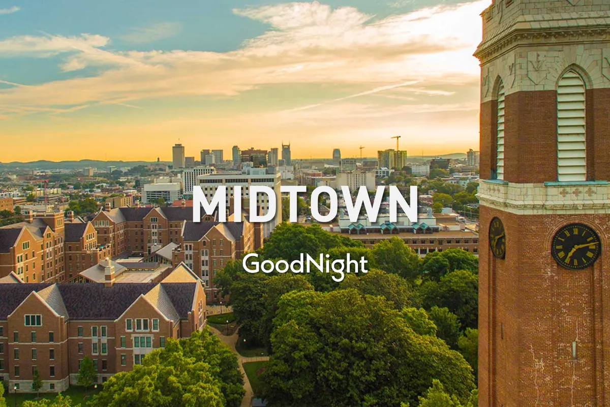 A panoramic view of the city skyline, historic buildings, and a prominent clock tower surrounded by greenery. The image evokes a sense of both urban convenience and serene relaxation, reflecting the balance between work and downtime.