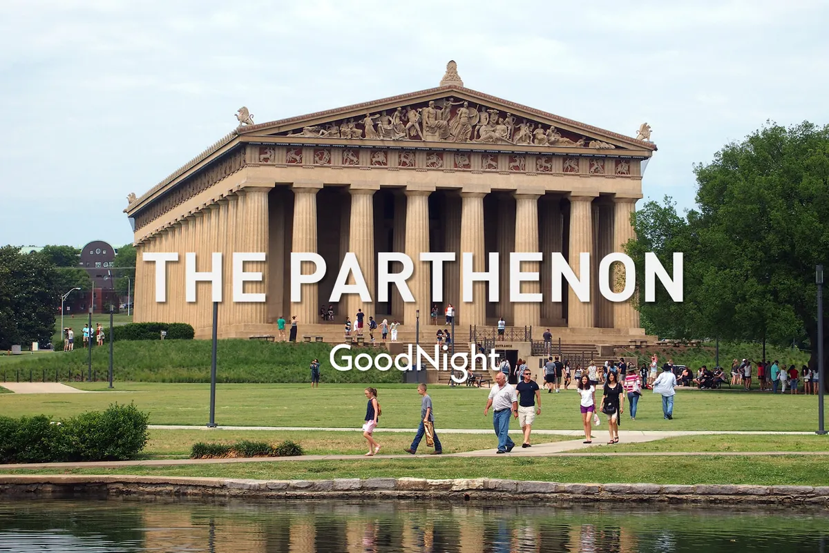 This image features Nashville's iconic full-scale Parthenon replica set amid lush green lawns, with visitors enjoying the outdoors. The open space, blue sky, and the presence of people picnicking and strolling encapsulate Centennial Park's vibrant, family-friendly atmosphere.