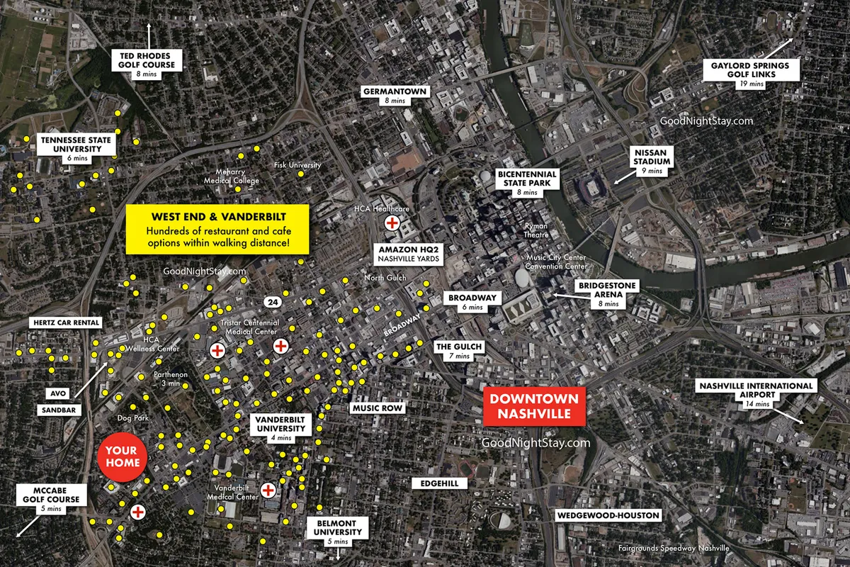 A wide view encompassing the apartment's location with Downtown Nashville, Music Row, local restaurants, and Vanderbilt University all in sight. The scene hints at proximity to music venues and nightlife, with a lively, community-focused mood.